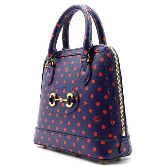 Gucci Horsebit Polka Dot Leather Shoulder Bag Navy Blue - Picture 3 of 7